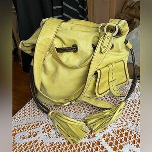 Kate Landry (EUC) leather drawstring hobo lime/brown shoulder/crossbody - purse